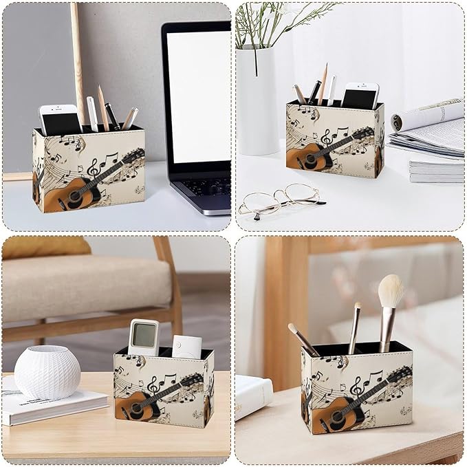 Famame Vintage Music Notes Guitar Pencil Holder for Desk, Leather Desktop Container Pen Cup Storage Study Table Pen Organizer Makeup Brushes Holder for Office Home