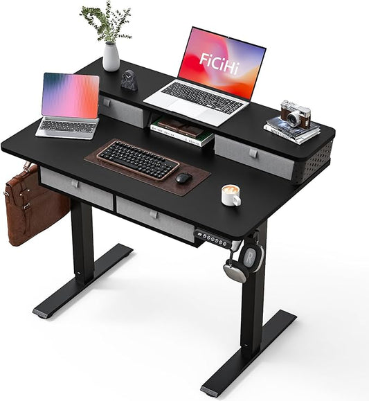 FiCiHi Electric Standing Desk with Four Drawers, Adjustable Height Sit Stand Desk, C-Clamp Compatible Home Office Desk with Storage Shelf & Monitor Stand Riser, 40 x 24 Inch, Classical Black