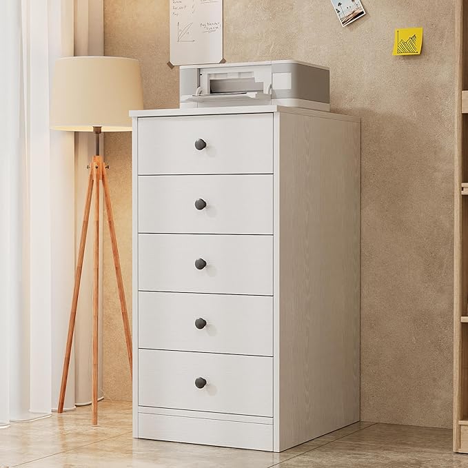 TUSY 5 Drawer File Cabinet - 31.5" H Wood Vertical Filings Chest Under Desk, Classic File Storage Cabinet for Home Office, Small Printer Stand with Drawers, 15.75" W x 19.69" D x 31.5" H, White
