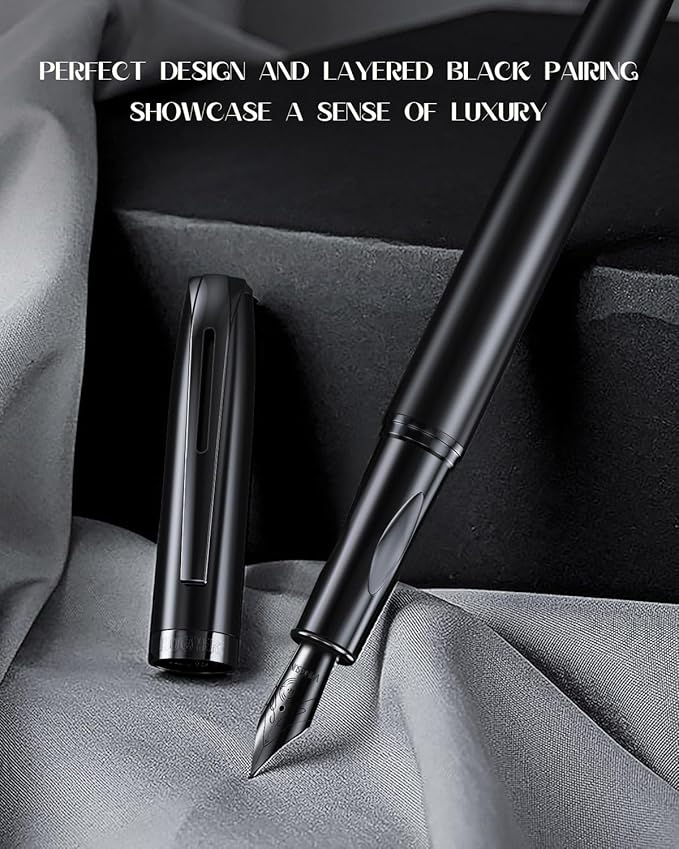 BOCIYER samurai Fountain Pen Set,Hand Polished Medium Nib,Calligraphy Nib(Bent Nib),Includes 8 Ink Cartridges,Ink Refill Converter*2 And Gift Box,Best Pen Gift Set for Men & Women（Black ）