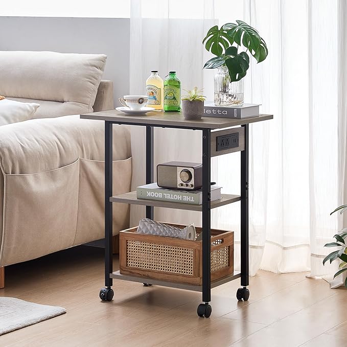 Lerliuo 3-Tier Printer Stand with Charging Station, Industrial Mobile Printer Table with Storage Shelf and Steel Frame, Rolling Printer Cart Holder with Lockable Wheels for Home, Office (Oak)