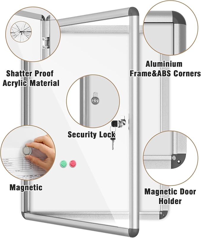 Mifuro 26"x20" Enclosed Bulletin Board, Lockable Weather-Resistant Aluminum Noticeboard for School & Office, Silver Frame w/Magentic Whiteboard