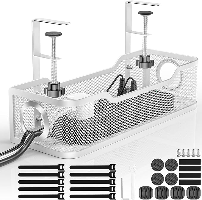 Under Desk Cable Management Tray, GZOKMOG Cord Management with Upgraded Clamp No Drill, Metal Cable Management Box for Home Office, Wire Management for Standing Desk, 1 Pack White, 13.38 inch