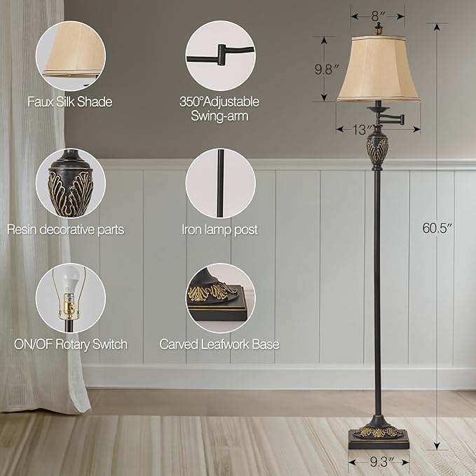 Traditional LED Floor Lamp with 350° Adjustable Swing Arm Lamp – Vintage Standing Pole lamp for Living Room, Bedroom and Office – Rustic Upright Floor Light for Home Décor with Silk Fabric Shade