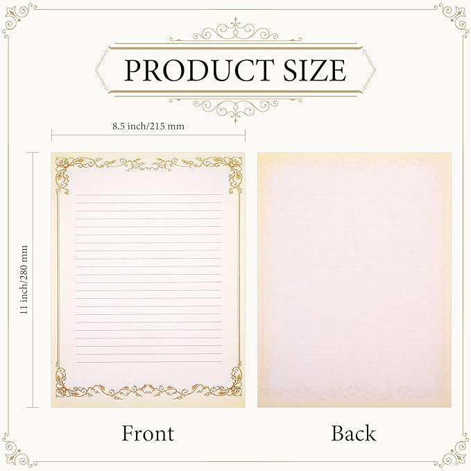 Sabary 200 Sheets Lined Stationary Writing Paper 8.5 x 11 Inch Fancy Vintage Stationery Letters Paper Lined Antique Retro Sheets for Letters Invitations Resume(Gold)