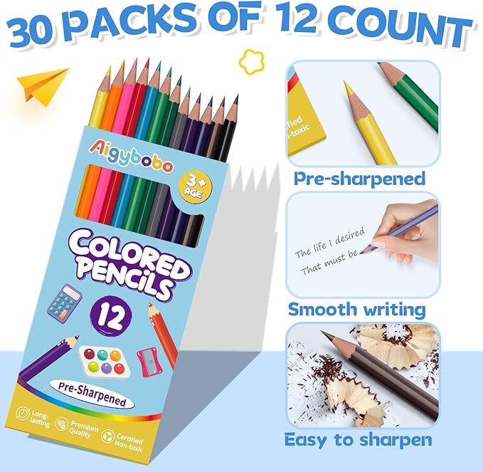 Aigybobo 360 Count Colored Pencils Bulk, 30 Pack Colored Pencils for Kids 12 Colors, Pre-sharpened Color Pencils, Bulk Coloring Pencils School Supplies for Teachers, Classroom Prizes, Art Supplies