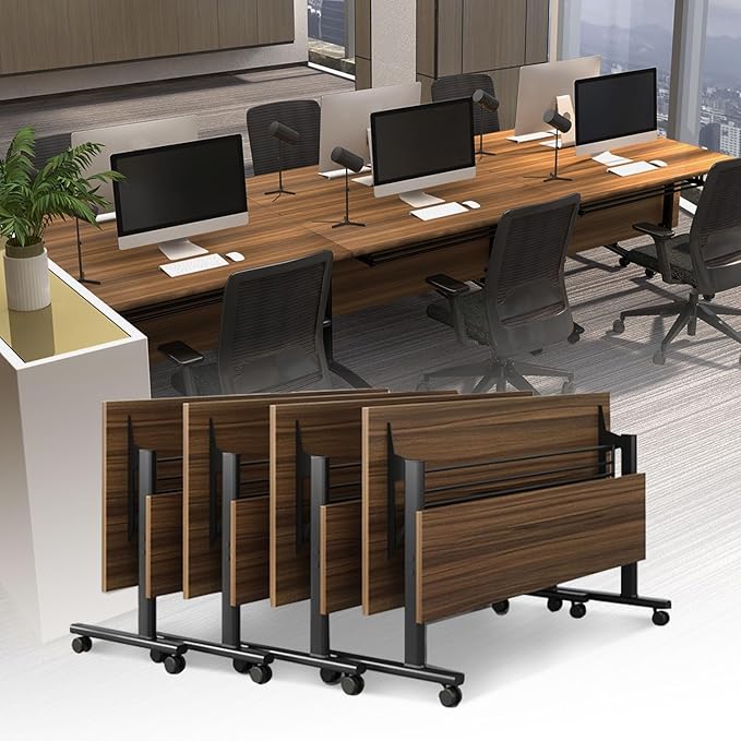 LKATOR Conference Table,Folding Office Tables with Wheels,Large Conference Meeting Room Tables for 10-12 People,Mobile Training Seminar Table with Flip Top,Modular Meeting Table for Office (55.1in) ﻿