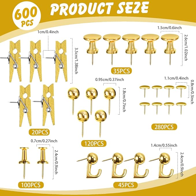 Sawysine 600 Pcs Decorative Push Pins, Gold Thumb Tacks 6 Types Cute Push Pin Clips for Bulletin Board Wall Cork Board Colorful Classroom Decor Teacher Must Haves Supplies School Crafts Project