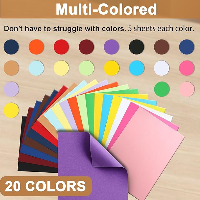 Silunkia 100 Sheets Colors Cardstock Craft Paper, 20 Assorted Colors 75lb Art Projects Card Stock A4 Colored Paper for DIY Cards, Birthday Decorations, School, Party