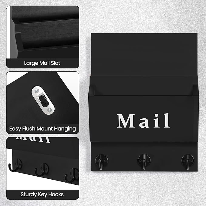 Lucundm Mail and Key Holder - Decorative 9.8" x 12.5" Wall Key Hanger with 2 Mail Organizer Slots and 3 Hooks - Real Paulownia Wood with Keyhole Brackets, Hardware and Instructions (Black)