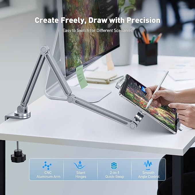 AboveTEK 2-in-1 iPad Stand for Desk, Aluminum iPad Holder Arm with Clamp & Magnetic Ring Head, 360° Adjustable Tablet Stand Holder, Bed Clamp Mount for 4.7"-13" iPads Air/Pro/Mini, Galaxy Tab & Phones