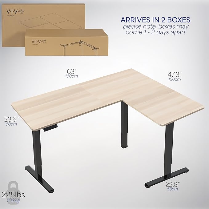 VIVO Electric Corner 63 x 47 inch L-Shaped Standing Desk, Memory Height Adjustment, Light Wood Top Black Frame, DESK-E3CTC-47