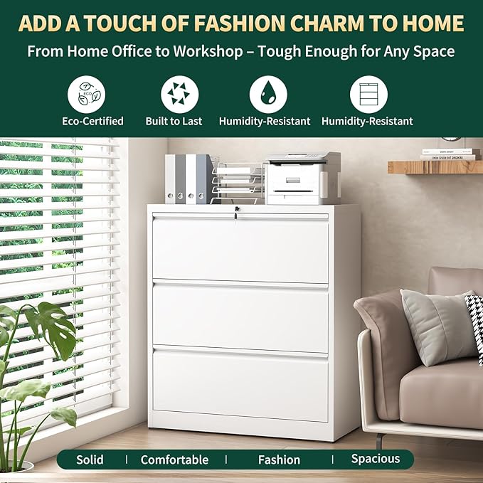 3 Drawer Lateral File Cabinet with Lock, Metal File Cabinets for Home Office, Office Furniture for Organization Hanging Legal/Letter/A4, Metal Filing Cabinet Storage Cabinet, Require Assembly, White