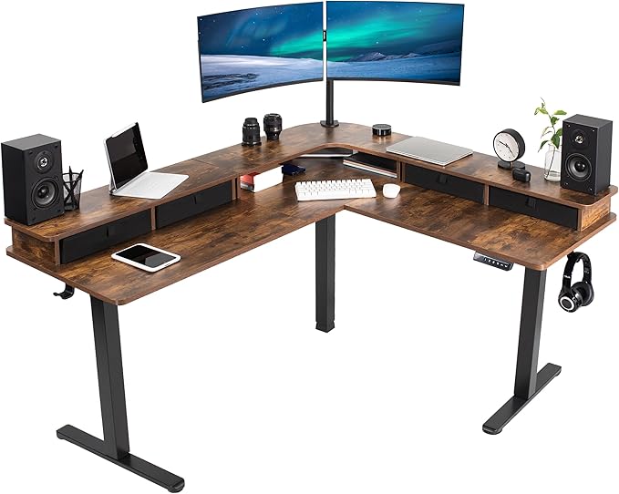 VIVO Electric 2-Tier Corner L-Shaped 63 x 55 inch Standing Desk, Height Adjustable, Memory Controller, Rustic Vintage Brown Top Black Frame, Black Drawers, DESK-E3CVN