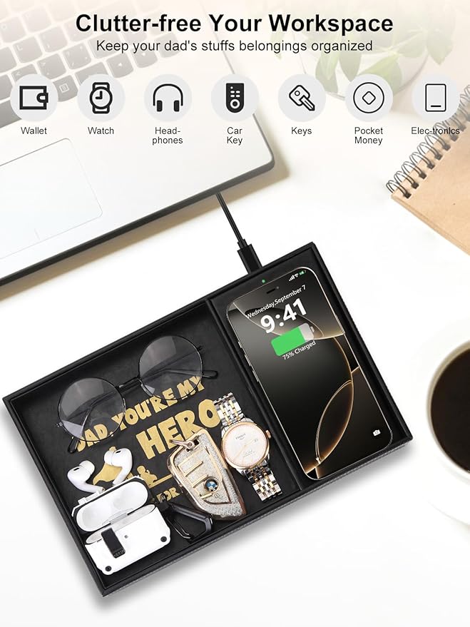 Gifts for Dad Valet Tray, Built-in Wireless Charger, Nightstand Organizer, Dresser Organizer, Mens Jewelry Box, Valet Charging Station, Gifts for Dad from Daughter Son Wife, Black