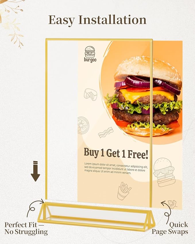 Dynta Acrylic Sign Holder 8.5x11 8pck Clear Table Display Stands Double Sided Table Sign Holders, Menu Holder for Wedding, Party, Office, Store, Home Use (Gold Frame)