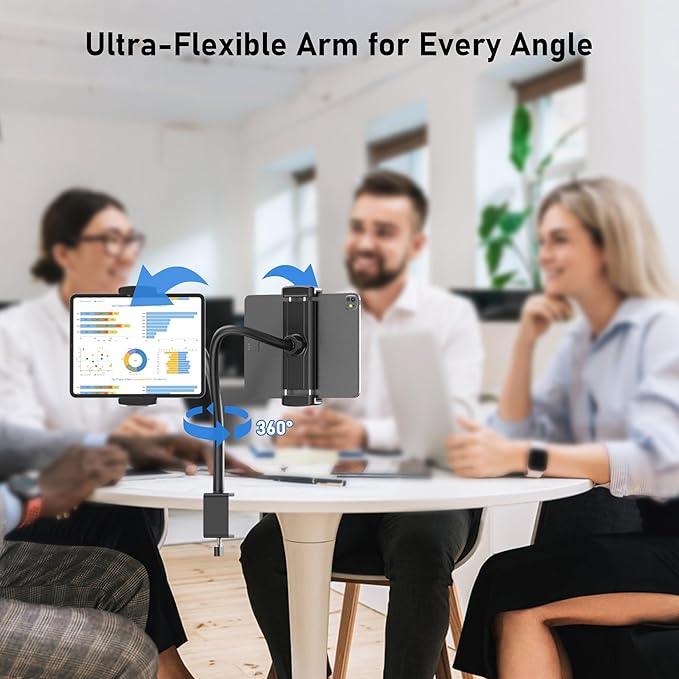 TeQable Tablet Stand for Desk, Gooseneck iPad Holder Clamp Mount, 360° Adjustable Arm Mount for iPad Pro/Air/Mini, Kindle Fire, Galaxy Tabs, 4.7"-13.5" Tablets, for Kitchen, Work, Video Call, Bed