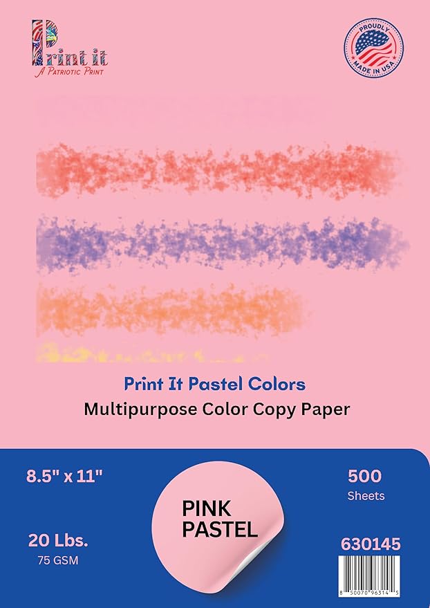 PrintIt Colors Multipurpose Paper, 20 lbs., 8.5" x 11", 500 Sheets/Ream – Premium Colored Copy Paper for Printing, School, and Office Use (Pink)