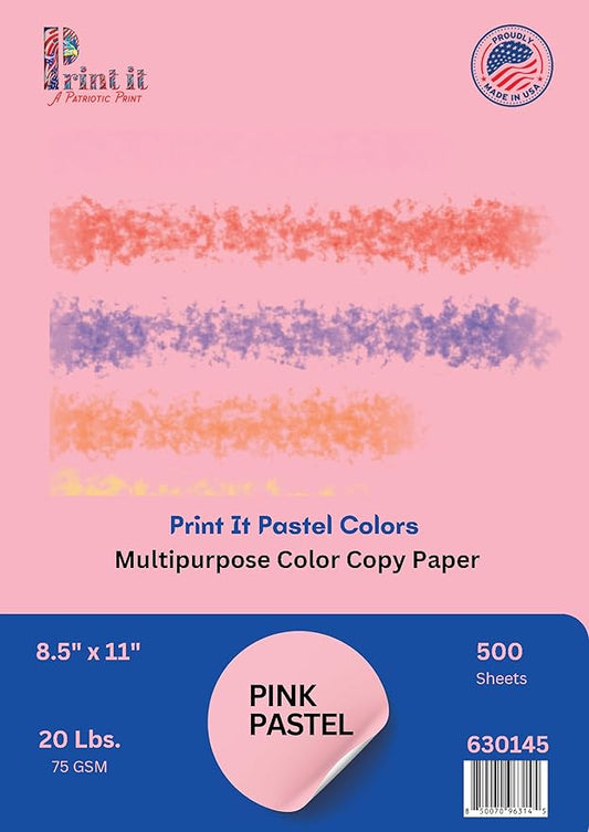 PrintIt Colors Multipurpose Paper, 20 lbs., 8.5" x 11", 500 Sheets/Ream – Premium Colored Copy Paper for Printing, School, and Office Use (Pink)