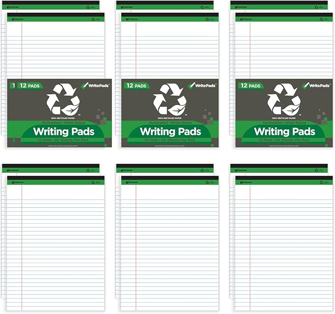 KAISA White Legal Pads Writing Pads Recycled Paper, 8.5"x14" Wide Ruled Lined Paper Perforated 50 sheets Hard Back Notepads Large Legal Pad Writing Tablet For Office Supplies (White 12pads)