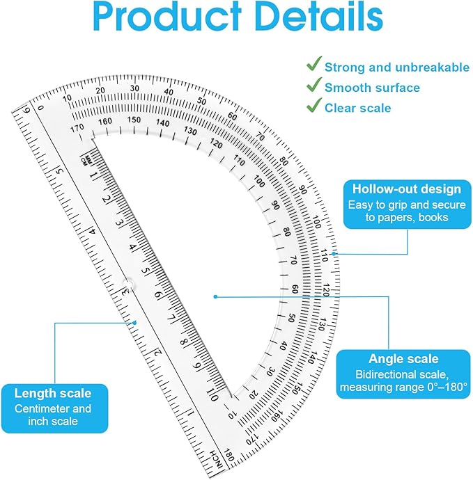 Hoiny 10 Pack Clear Protractor, 6 Inch Plastic Protractors, 180 Degrees Accurate Math Geometry Tools for School, Office, Classroom (Clear)