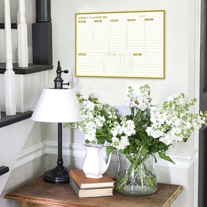 Gold Weekly Dry Erase Board for Wall,12"x16",Small Magnetic Dry Erase Weekly Calendar Board,Gold Metal Frame Weekly Planner Whiteboard for to Do List, Memo, School, Home, Office, Kitchen-GZ