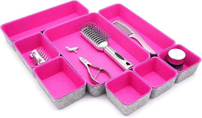 Welaxy Desk Drawer Organizer Tray Set, 8-Piece Office Drawer Organizers for Pens, Makeup, Keys, Crafts, Entryway Catchall, Decluttering Storage (Hot Pink)