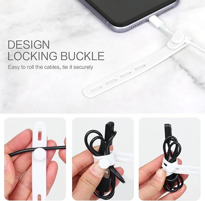 Donruby 24Pcs Silicone Cable Ties - Reusable & Washable with Locking Buckles, Adjustable Fastening Cable Management Straps, Multi-Purpose High Elasticity Cord Organizer (White)
