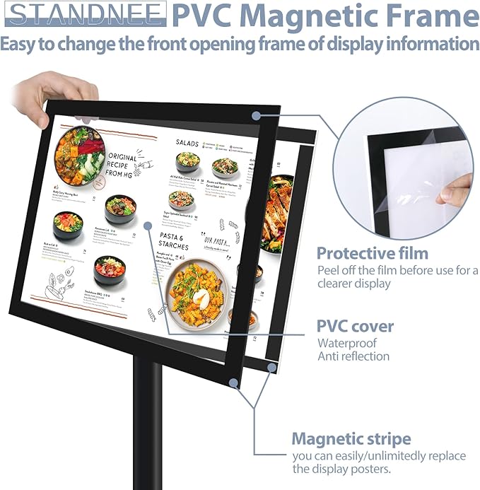 STANDNEE Heavy-duty 8.5x11 in Sign Stand Holder Floor Stand Sign, Poster Display Standing Signs with PVC Magnetic Frame & Heavy-duty pedestal, Black
