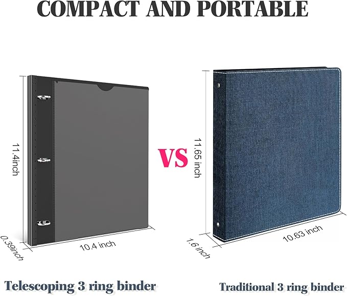 INFUN 1 Inch Telescoping 3 Ring Binder - 4PCS-Black, Flexible Binders with Customizable Front Cover and Clear Catalog Pocket,1 inch Binders 3 Ring, 225 Sheet Capacity