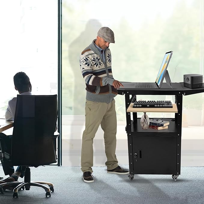 Upgraded AV Cart, Adjustable-Height Steel AV Cart with Locking Cabinet and Pullout Keyboard Tray, Rolling Media Cart with Wheels & Power for Computer Laptop Projector Printer (Black/43"x18"x43")