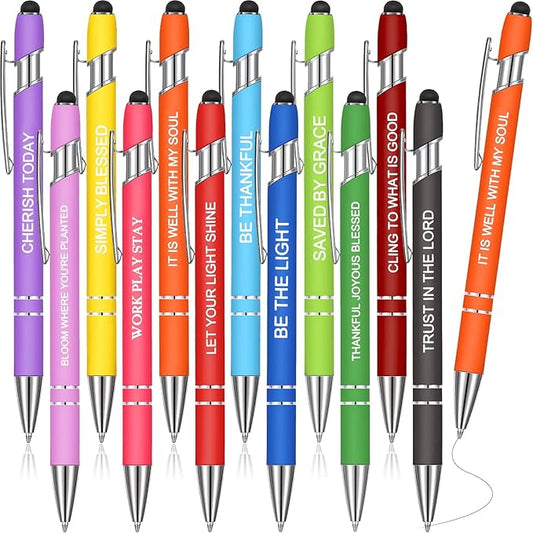 Zonon 12 Pcs Inspirational Pens Bulk Funny Ballpoint Pen with Stylus Tip Motivational Gifts for Valentine's Day Teacher Coworkers Nurse School Office Supplies(Fresh Color,Bible Style)