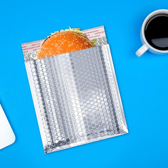 Amiff Silver Thermal Bubble Mailer, 5 x 9 Inches. 10 Pack Metallic Bubble Mailers. Self-Seal Insulated Mailers for Cold Shipping. Padded Envelopes Waterproof. Thermal Bag for Food, Cosmetics