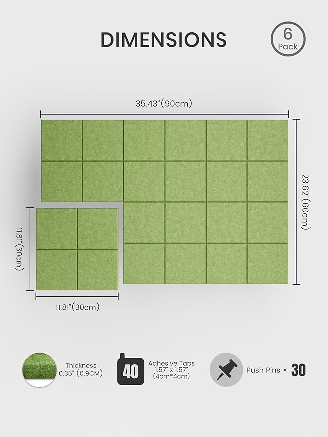 Bumusty Large Cork Board Alternative-36 x24 Felt Bulletin Board Tiles, with 30 Pushpins, 40 Adhesive Tabs, 6-Pack Slat Wall Paneling, Cork Boards for Office Push Pin Board Felt Board-Kelly Green
