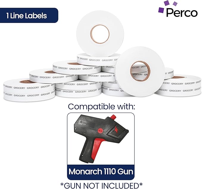 Perco Grocery Labels to fit Monarch 1110 Price Gun - 16 Rolls, 17,000 Labels with Ink Roll Included
