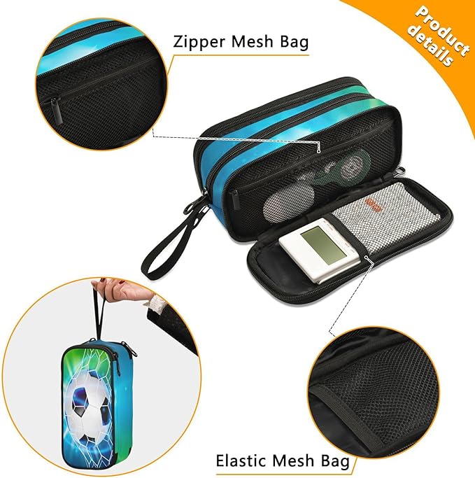 BOENLE Soccer Football on Field Pencil Case Box Boys Girls Large Pencil Pouch with Zipper Compartments Big Capacity Stationery Pen Bag Organizer for Kids Teens Adults School