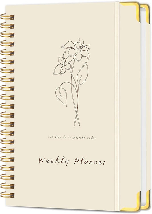 Undated Weekly Planner with Metal Corner Hardcover Notebook , A5 Size Journal with To Do List Planner, Habit Tracker,Weekly Goals for ADHD,Student, Office, Women, Men ,Gifts,6 x 8 inches，Spiral Bindding ,Beige