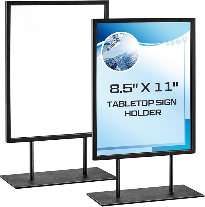 Zhengmy 2 Pcs Tabletop Sign Holder with Flat Base 11" x 8.5" Double Sided Countertop Sign Holder Vertical Desktop Display Stand Metal Poster Display Stand for Office Store Restaurant Hotels, Black
