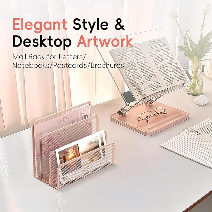 SUPEASY Mail Organizer for Desk, Mesh Metal Mail Holder Countertop with 3-Slot, Letter Sorter File Holder, Office Envelope Organizer for Mails (Rose Gold)
