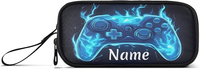 BOENLE Custom Joystick Gamepad Blue Flame Pencil Case Box Boys Girls Personalized Name Large Pencil Pouch Stationery Pen Bag Organizer for Kids Adults School Office