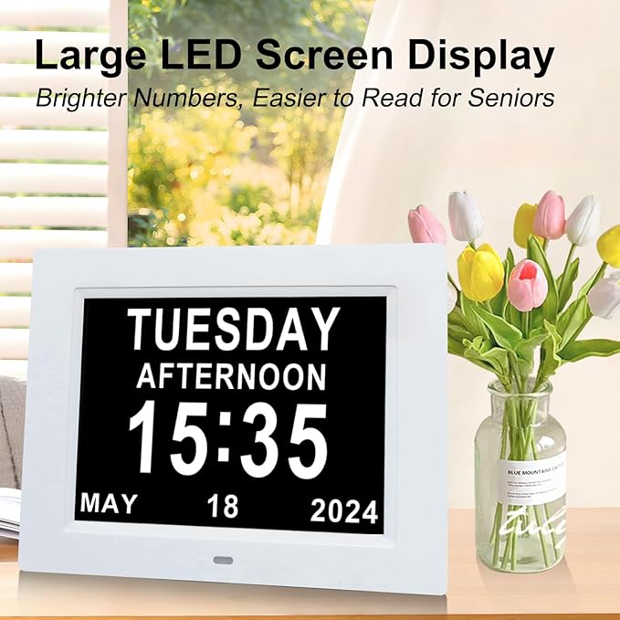 TMC 8 Inch Digital Dementia Clock for Seniors, Large Calendar with Day Date & Week Display, 5 Alarms + 3 Medicine Reminders, Plays SD Card Video, Wall Mountable, Detachable Stand (White, SD)