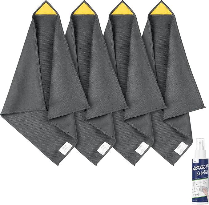loukin 4 Pack Magnetic Whiteboard Cleaning Cloth, Dry Erase Cleaning Cloth for Classroom, Home and Office Use, Reusable & Washable, Gray, 12" x 12", 1 Bottle of 3.4 fl oz Whiteboard Cleaner Included