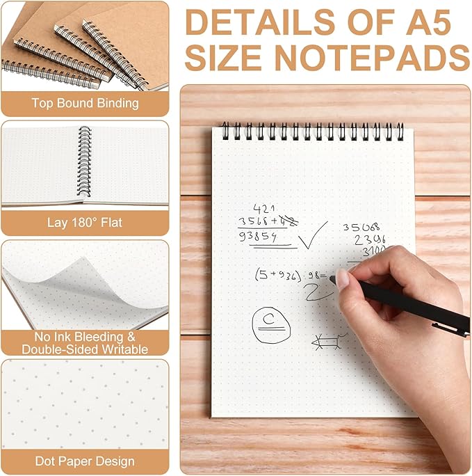 Engrowtic Dot Grid Notebook Top Spiral Notebook A5 Size Bullet Dotted Paper Hardcover Dot Journal 8.3''x 5.8'' 140 Pages Spiral Notepads for Sketching Drawing Writing School Office(Brown,2 Pcs)