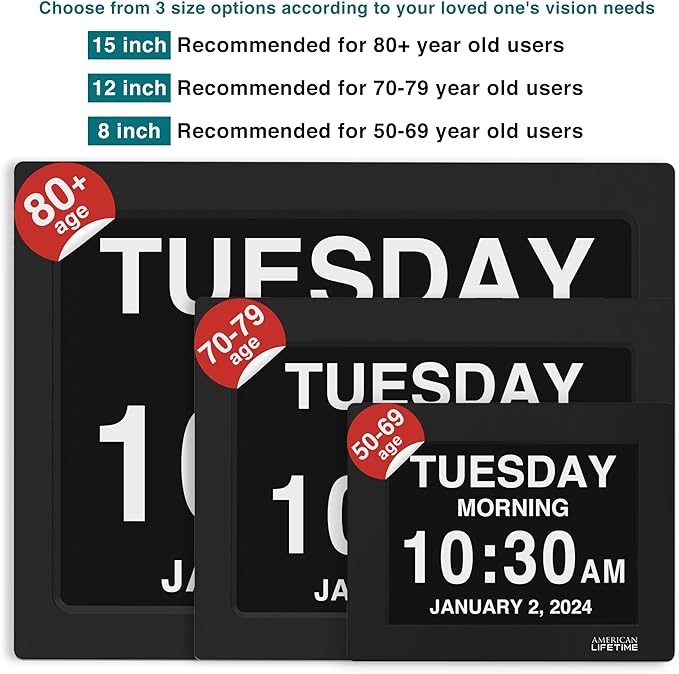 American Lifetime New 2026 Dementia Clock Large Digital Clock for Seniors, Large Display with Custom Alarms, Calendar Clock with Day & Date for Elderly, Clear Numbers Alzheimer Digital Clock Black
