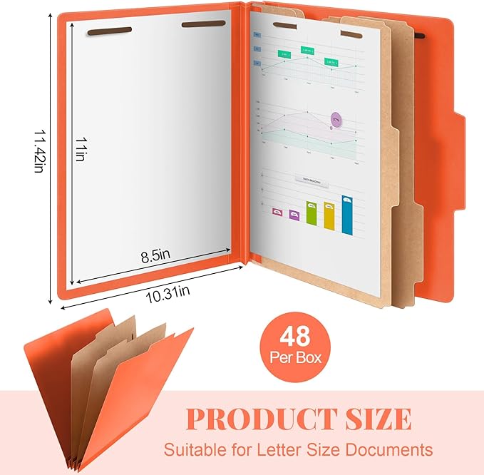 Skyygemm 48 Pcs Classification Folders Letter Size, 2 Divider Pressboard File Folders with 3. 5 Inch Expansion, 2 Prongs Fastener, Heavy Duty Office File Organizers for Teachers, Medical (Orange)