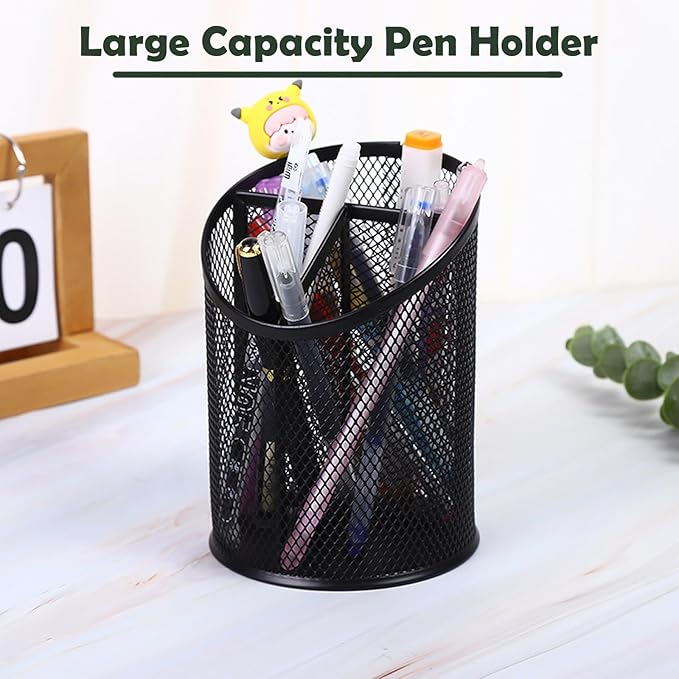 MINDEPOT 2 Pack Mesh Pencil Holder Pen Cup for Desk Round Black Pen Holder Desktop Pen Organizer 3 Compartments Pencil Organizer Desk Organizer for Office Home School