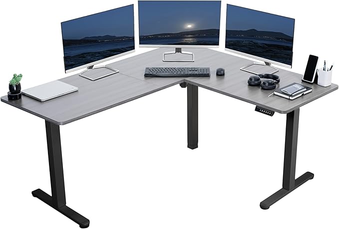 VIVO Electric Corner 63 x 55 inch L-Shaped Standing Desk, Memory Height Adjustment, Dark Gray Top Black Frame, DESK-E3CTG