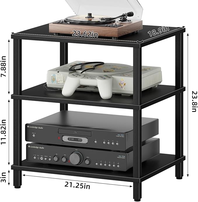 LELELINKY 3-Tier AV Media Player Stand Set of 2, Black Stereo Cabinet, Wooden TV Stand,Game Console Shelf, Multifunctional Entertainment Center, Suitable for Home, Conference Room, Game Studio