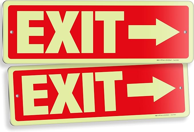 iSYFIX Exit Signs with Directional Right Arrow, Glow in the Dark, Photoluminescent Aluminum 12x4 Inch - 2 Pack, Laminated for UV & Weather Resistance, Ideal for Offices, Schools, Theaters & More