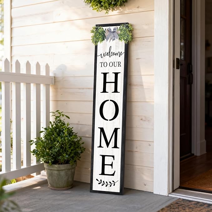 Double-sided Welcome to Our Home Wooden Sign Stand with Magnetic-adhesive Wreath for Front Door, 47" Vertical Farmhouse Welcome Porch Sign, 2in1 Large Tall Porch Leaner Decor for Outdoor Patio Garden